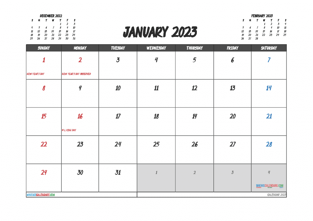 Free January 2023 Calendar with Holidays Printable as PDF, PNG