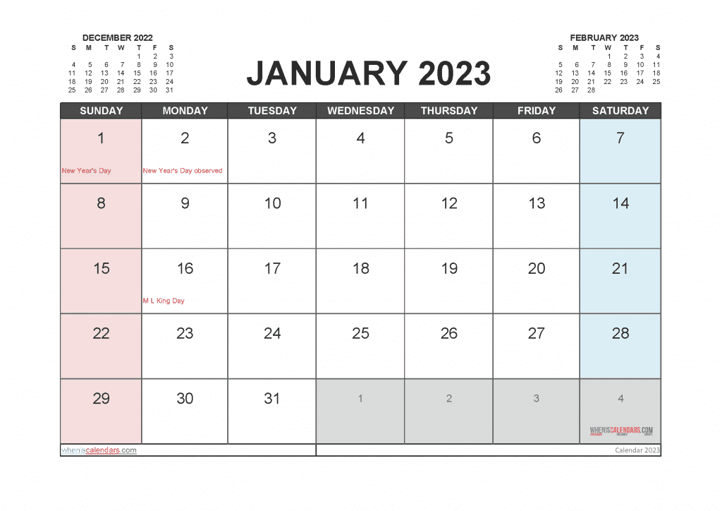 Downloadable Free Printable January 2023 Calendar with Holidays PDF in Landscape and Portrait