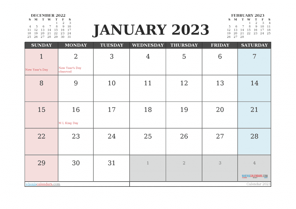 Free Printable January 2023 Calendar with Holidays as PDF, PNG