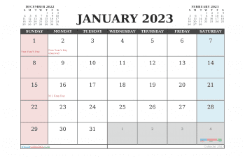 Printable January 2023 Calendar with Holidays