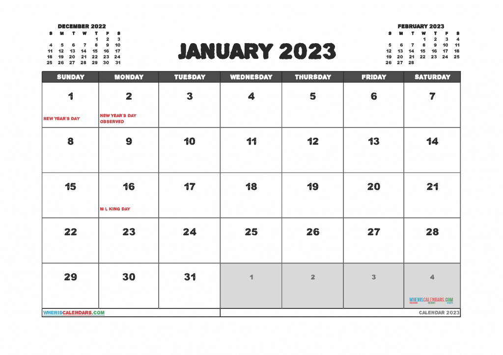 Free January 2023 Calendar with Holidays Printable (PDF and Image)