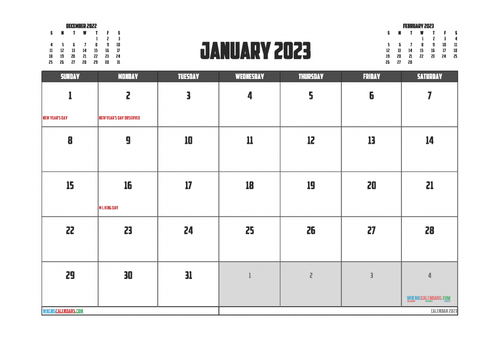 Free January 2023 Calendar Printable with Holidays