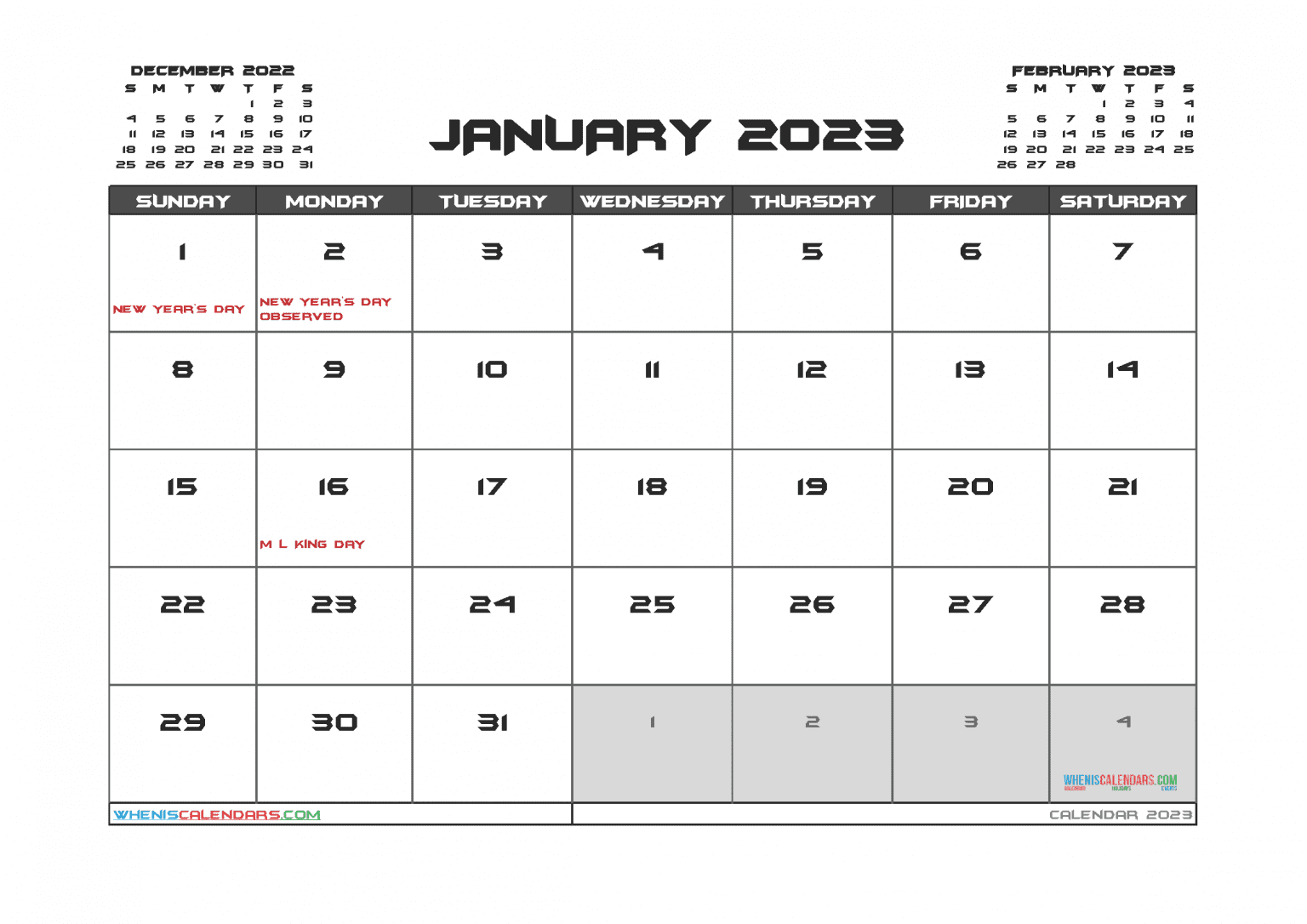 January 2023 Calendar With Holidays Printable Pdf And Image