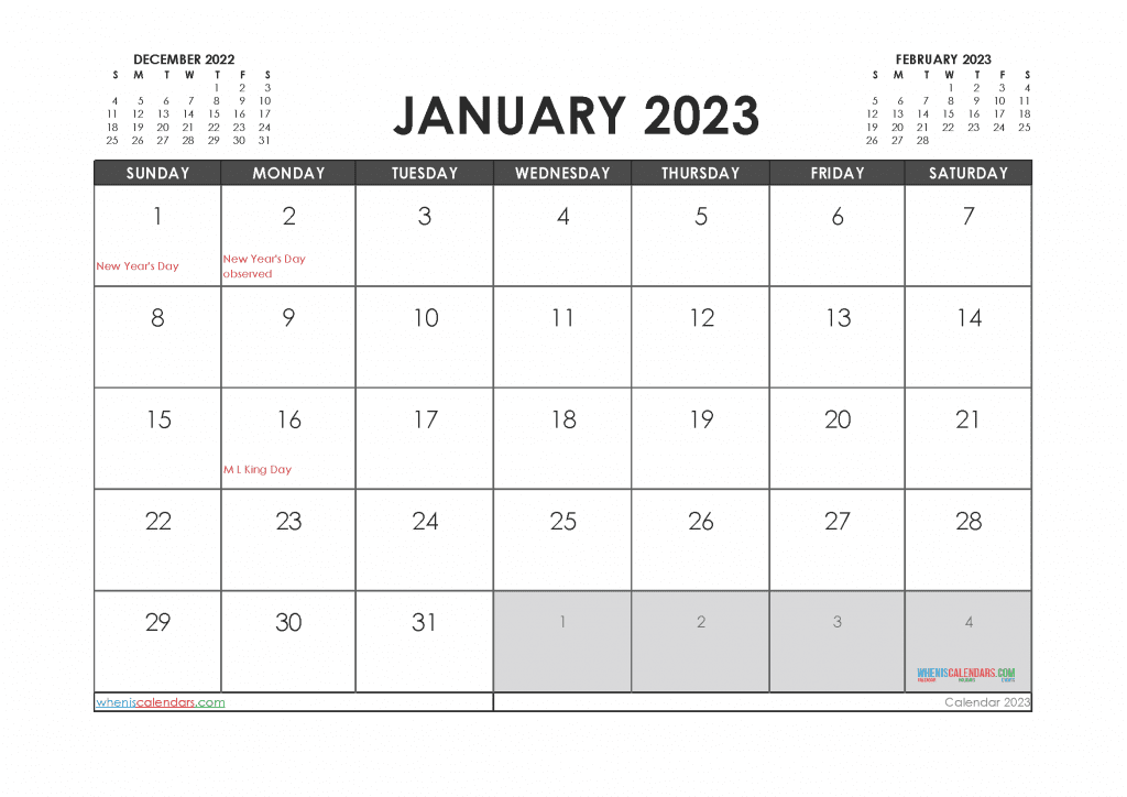 January 2023 Calendar With Holidays Printable 23296