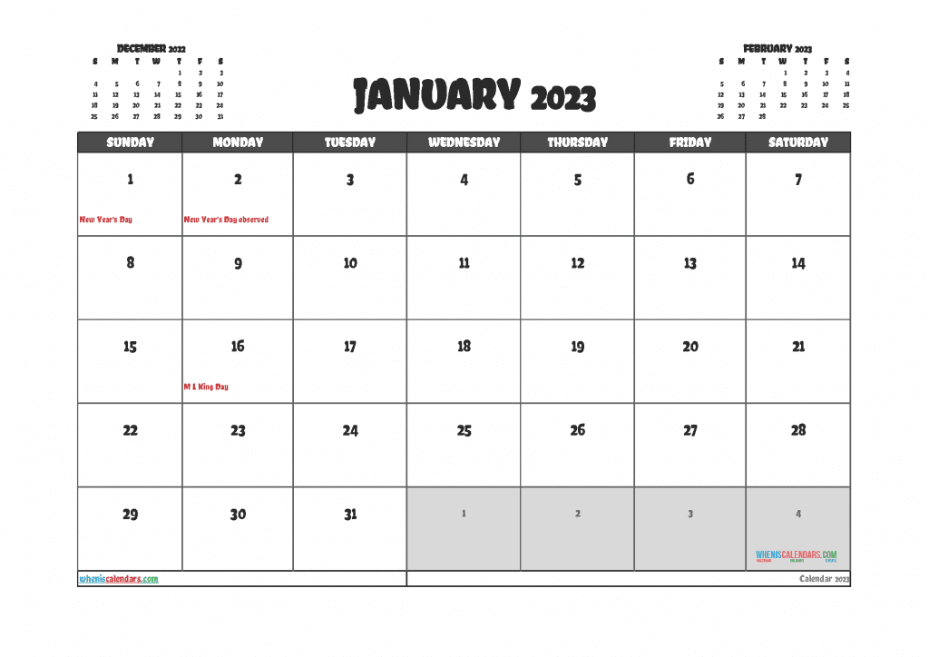 Download Free Blank January 2023 Calendar and January 2023 Calendar with Holidays Printable PDF in Landscape and Portrait