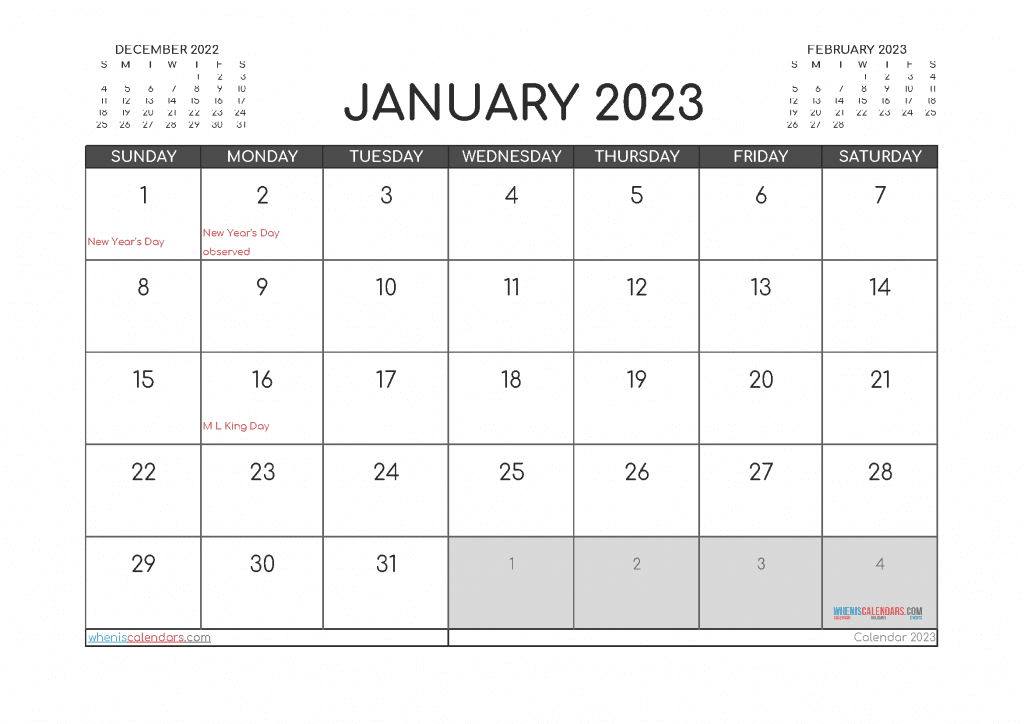 Downloadable Free Printable January 2023 Calendar with Holidays PDF in Landscape and Portrait