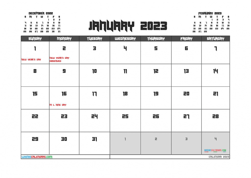Free Downloadable Printable January 2023 Calendar with Holidays in Landscape and Portrait