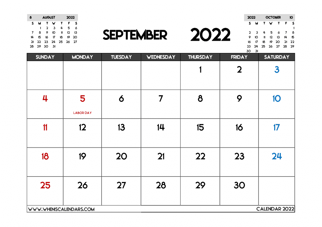 Free September 2022 Calendar Printable with Holidays PDF in Landscape and Portrait Page Orientation