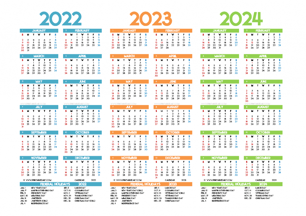 Free 2022 2023 2024 Calendar with Holidays Printable Three Years on a separate page in Landscape and Portrait
