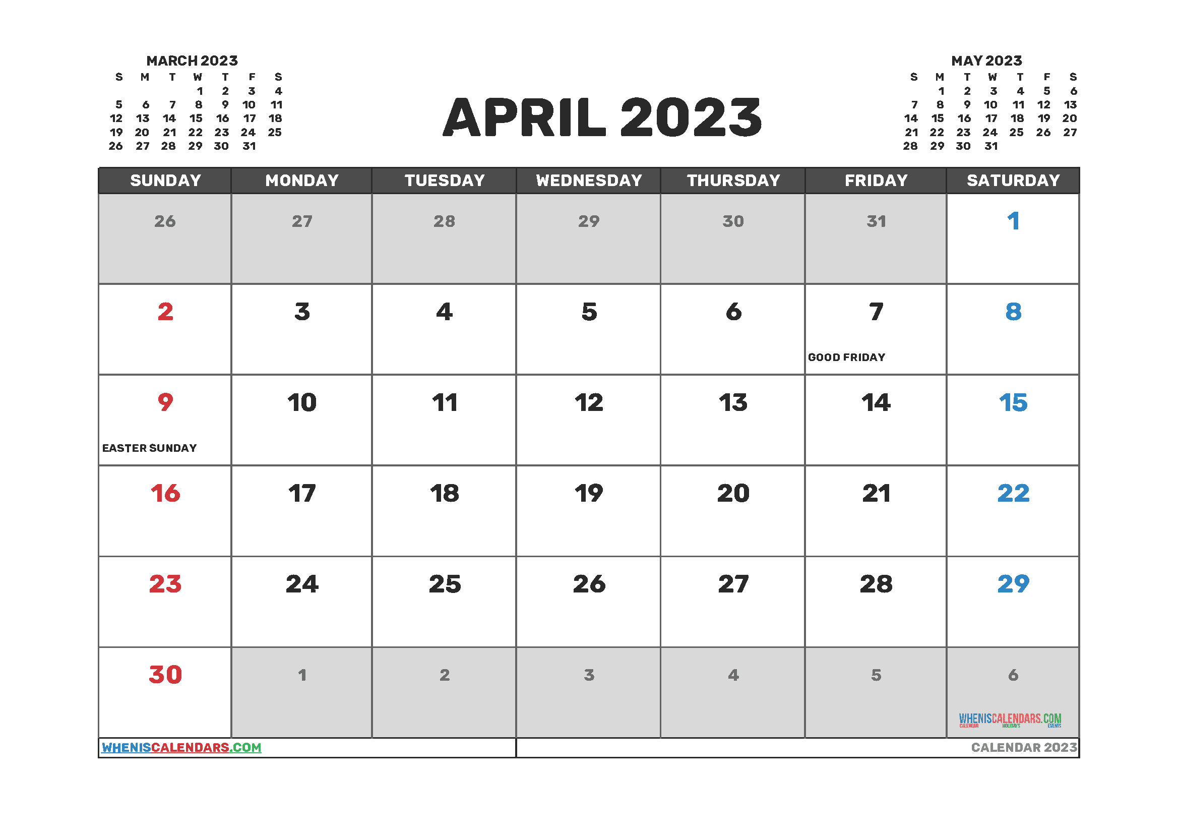 Free Printable Calendar April 2023 with Holidays PDF in Landscape (TMP: 423ha4hl17)