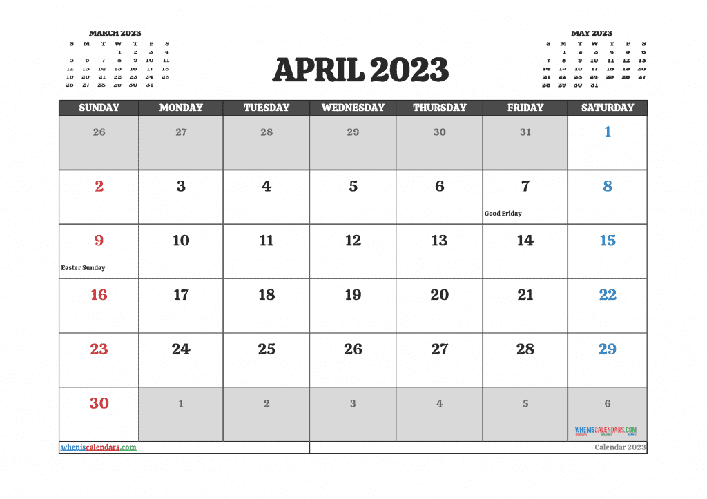 Free April 2023 Calendar with Holidays Printable PDF in Landscape and Portrait
