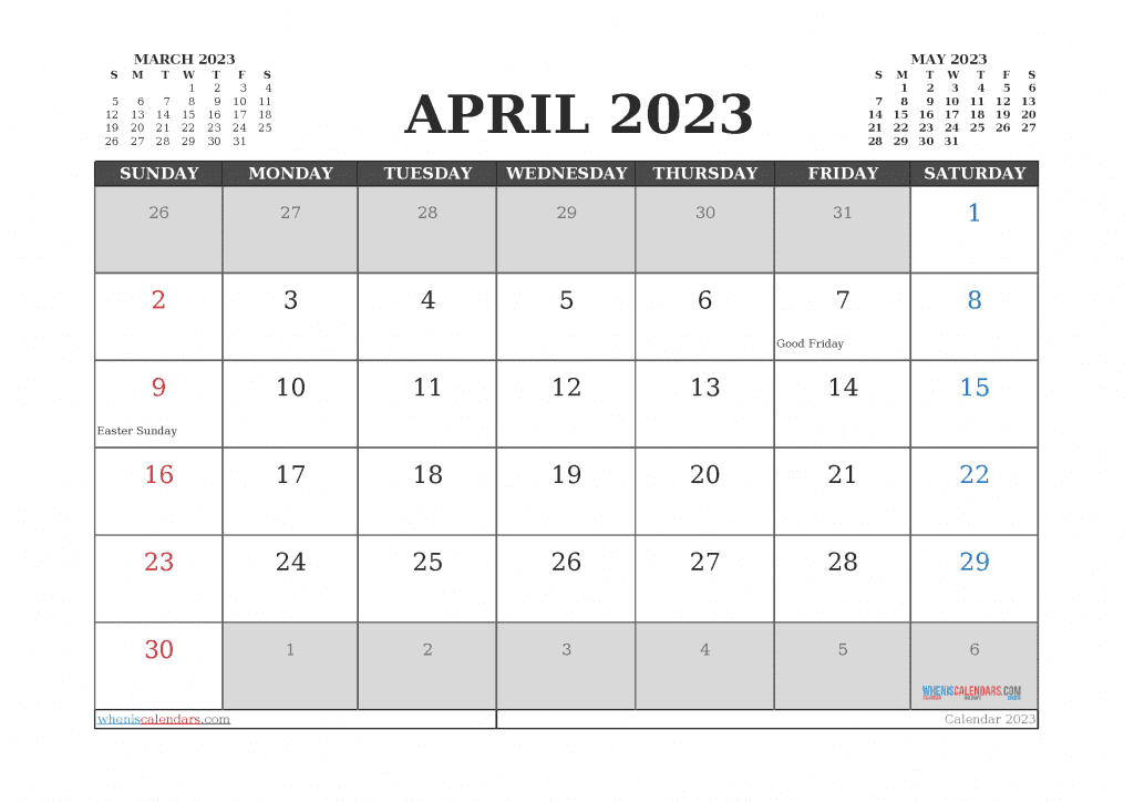 Free April 2023 Calendar with Holidays printable PDF in horizontal landscape and vertical portrait page orientation