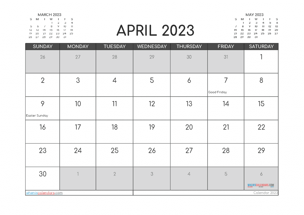 Download Free April 2023 Calendar Printable PDF in Landscape and Portrait