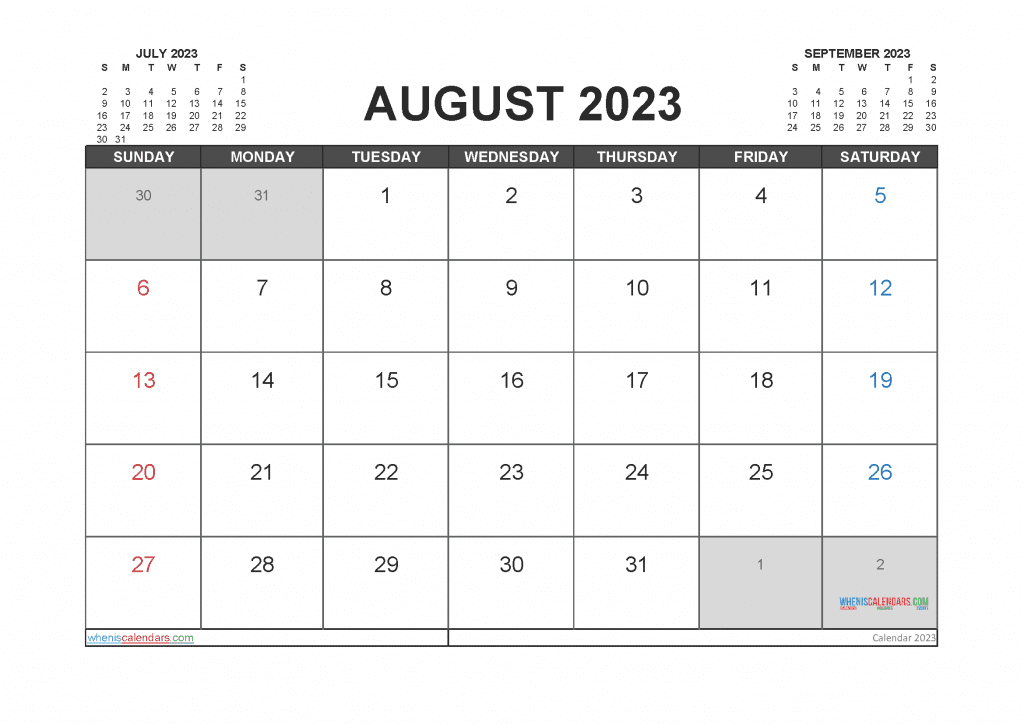 Free August 2023 Calendar Printable with Holidays PDF in Landscape