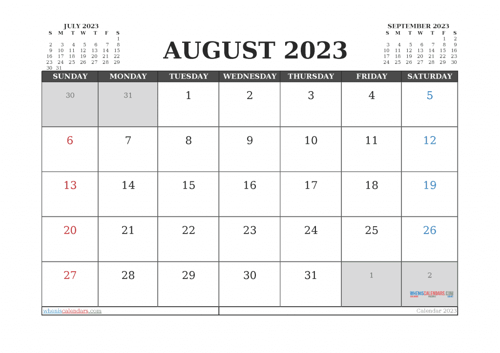 Free August 2023 Calendar Printable with Holidays PDF in Landscape