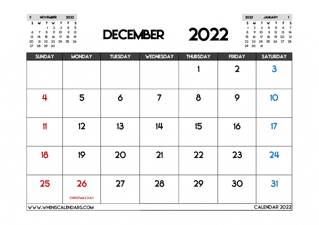 Free Printable December 2022 Calendar with Holidays in Landscape and Portrait