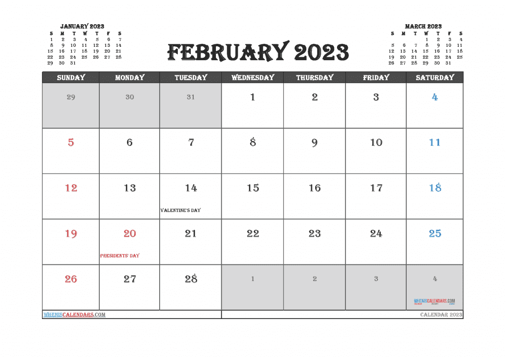 Free Printable February 2023 Calendar with Holidays Downloadable PDF in Landscape and Portrait Page Orientation