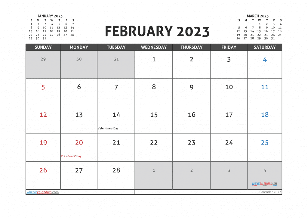 Free February 2023 Calendar with Holidays Printable Downloadable PDF in Landscape and Portrait Page Orientation