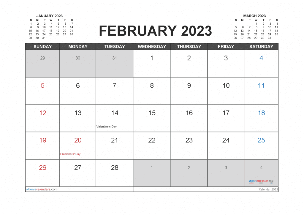 Downloadable Free Printable February 2023 Calendar with Holidays in Landscape and Portrait