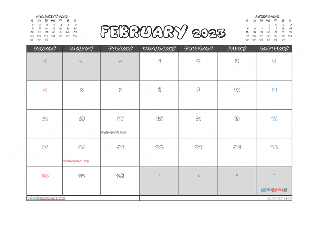 Download Free February 2023 Calendar Printable with Holidays PDF in Landscape
