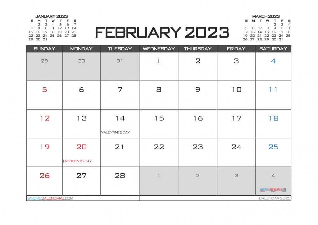 Downloadable Printable February 2023 Calendar with Holidays Free PDF in Landscape and Portrait Page Orientation