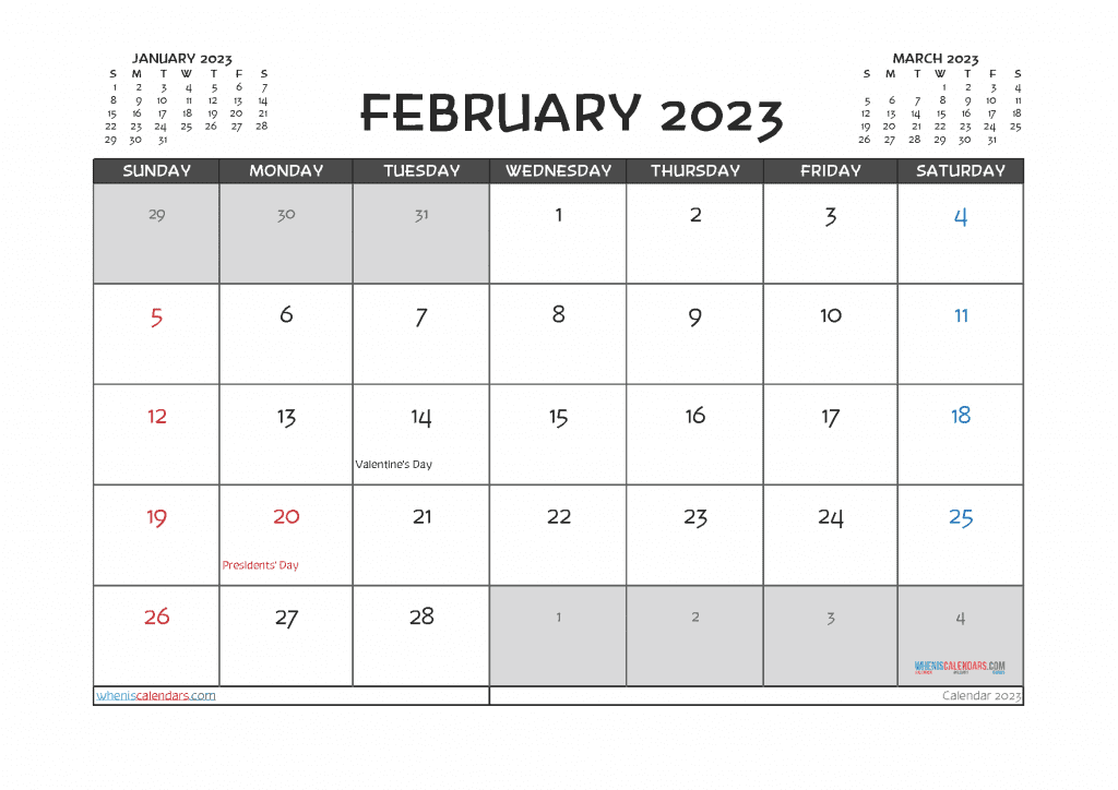 Free Printable February 2023 Calendar with Holidays in Landscape