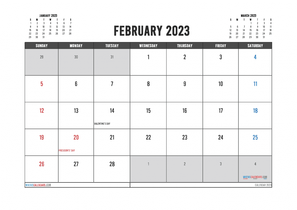 Free February 2023 Calendar Printable PDF Downloadable in Landscape and Portrait Page Orientation