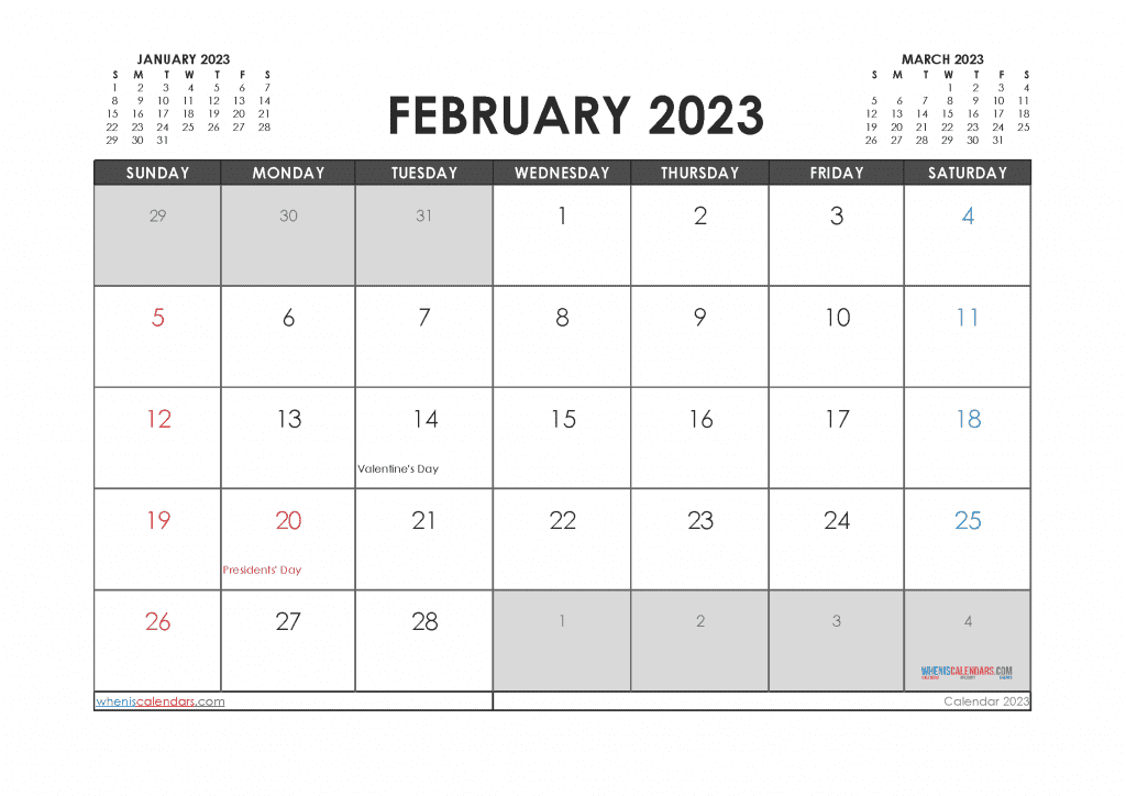 Free Printable February 2023 Calendar with Holidays PDF Downloadable in Landscape and Portrait Page Orientation