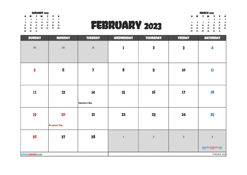 Free Printable February 2023 Calendar with Holidays PDF, PNG