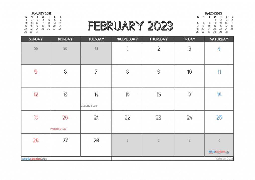 Downloadable Printable February 2023 Calendar with Holidays Free PDF in Landscape and Portrait Page Orientation