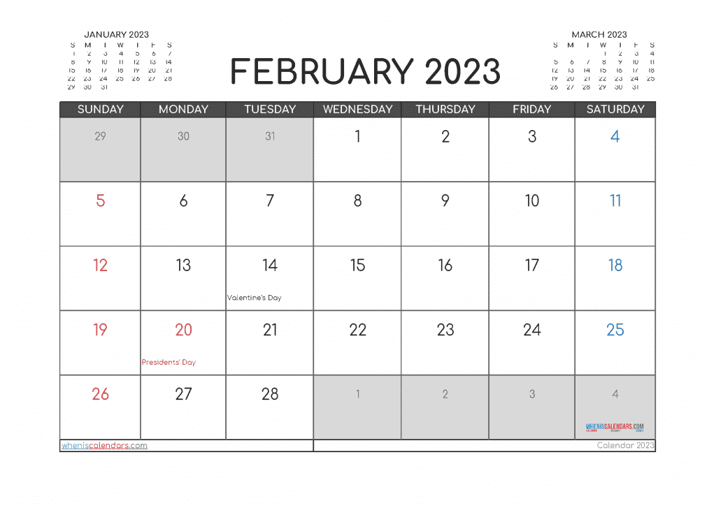 Download Free Printable February 2023 Calendar with Holidays PDF in Landscape