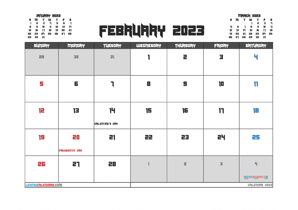 Download Free Printable February 2023 Calendar PDF in Landscape and Portrait