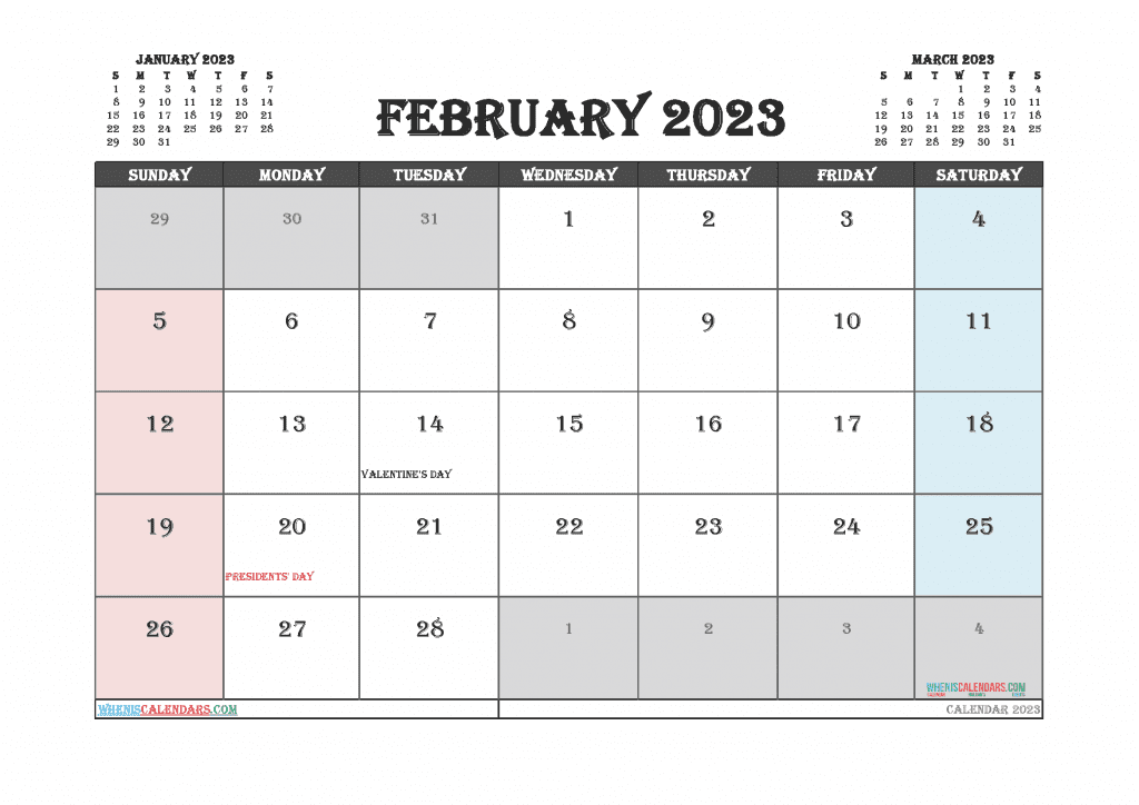 Download Free February 2023 Calendar with Holidays Printable PDF in Landscape and Portrait