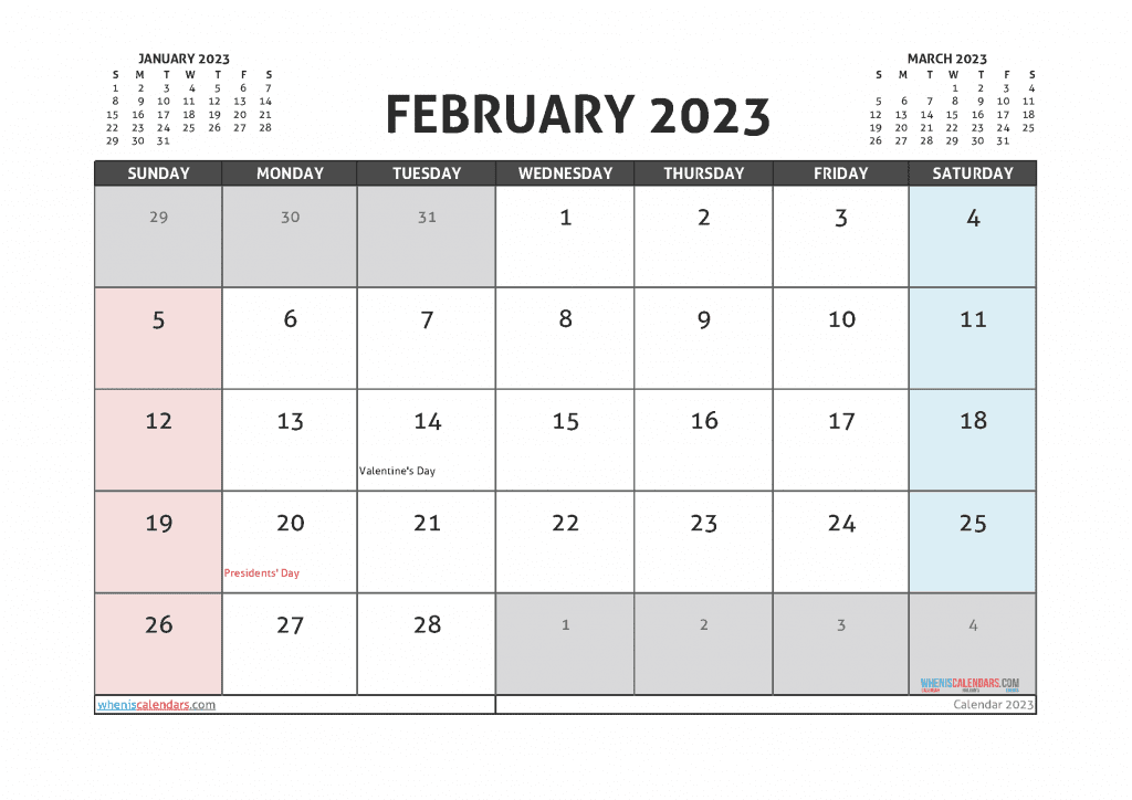 Free Printable February Calendar 2023 with Holidays in Landscape and Portrait