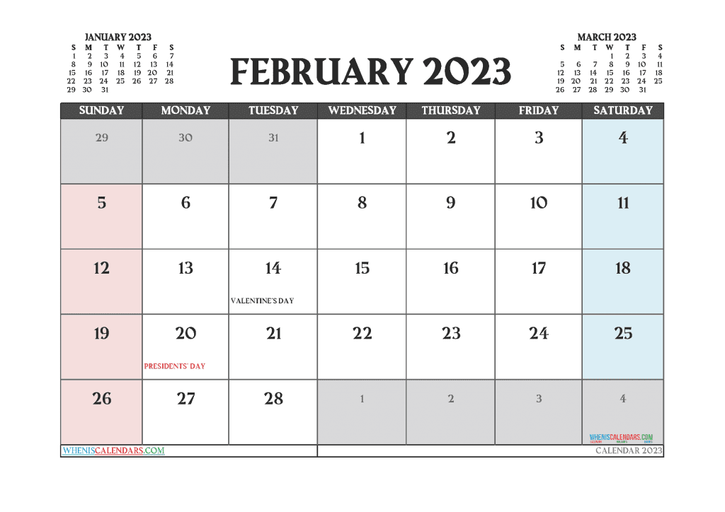 Downloadable February 2023 Calendar Printable Free in Landscape and Portrait