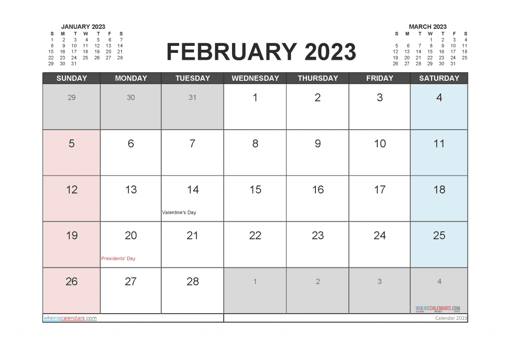 Free February 2023 Calendar with Holidays Printable in Landscape