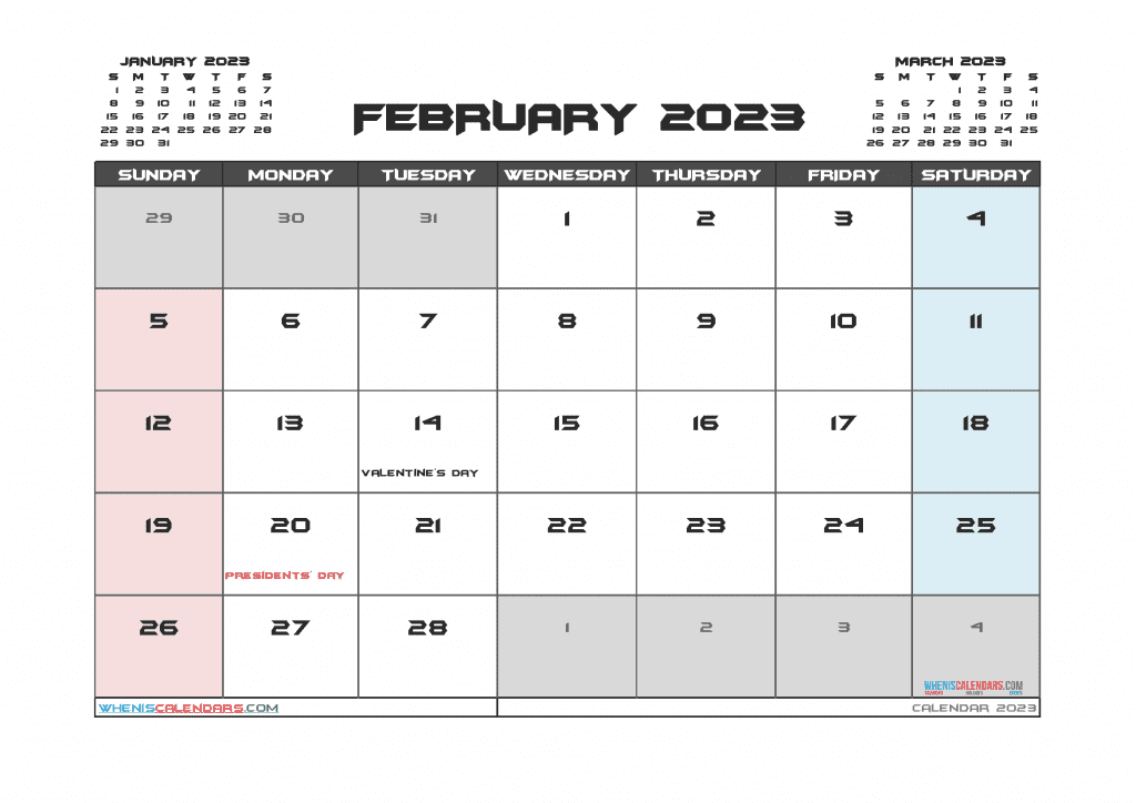 Free Printable February 2023 Calendar with Holidays in Landscape and Portrait