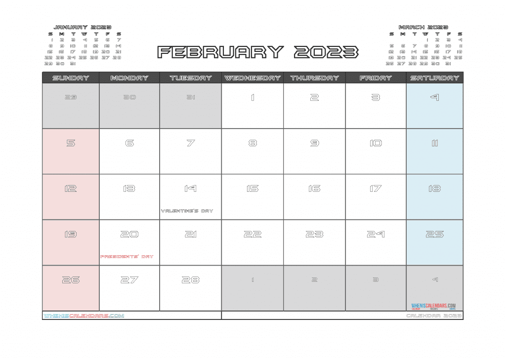 Free February 2023 Calendar Printable PDF in Landscape and Portrait Page Orientation