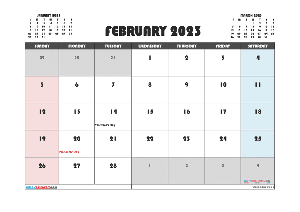Free Downloadable February 2023 Calendar with Holidays Printable PDF in Landscape and Portrait Page Orientation