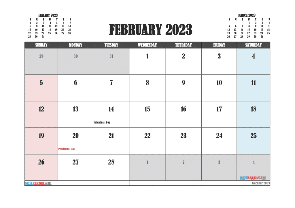 Free Printable February 2023 Calendar with Holidays PDF, PNG