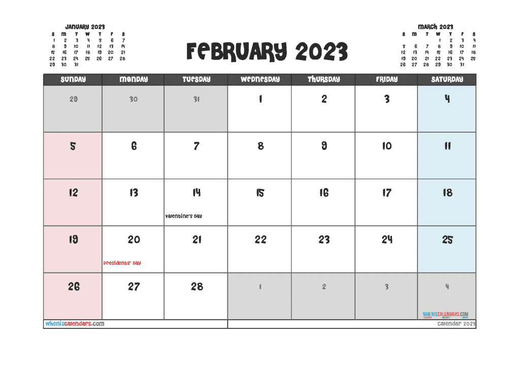 Download Free Printable Calendar February 2023 with Holidays PDF in Landscape and Portrait Page Orientation