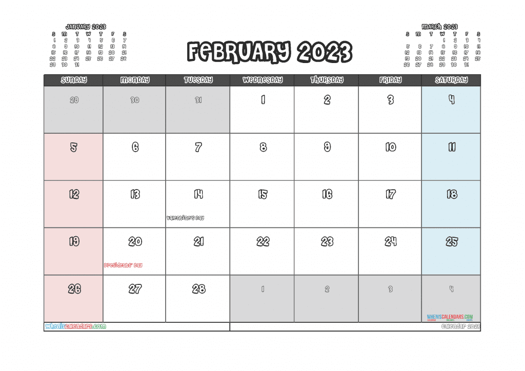 Download Free Printable February 2023 Calendar with Holidays PDF in Landscape and Portrait Page Orientation