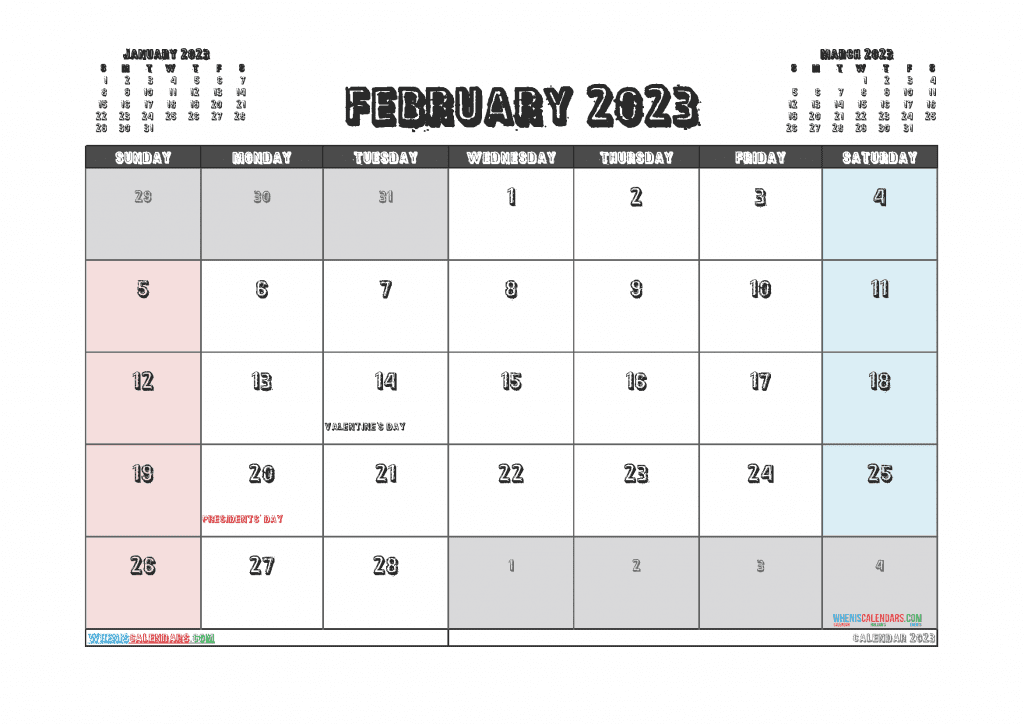 Free Printable February 2023 Calendar with Holidays Downloadable PDF in Landscape and Portrait Page Orientation