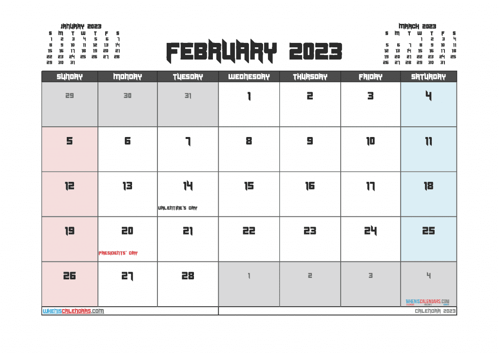 Free February 2023 Calendar with Holidays Printable Downloadable PDF in Landscape and Portrait Page Orientation