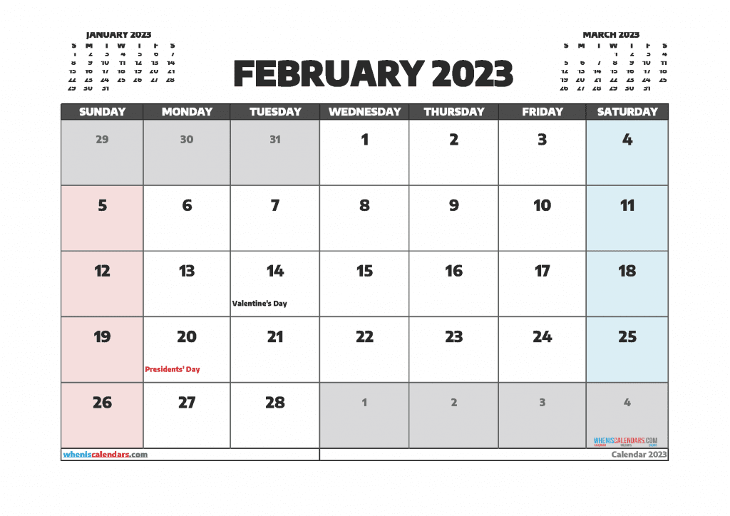 Free Downloadable February 2023 Calendar with Holidays Printable PDF in Landscape and Portrait Page Orientation