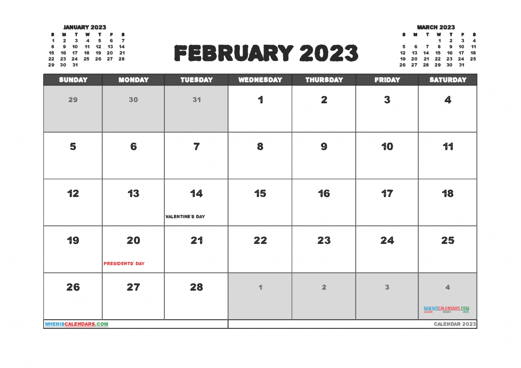 Free Printable February Calendar 2023 with Holidays in Landscape