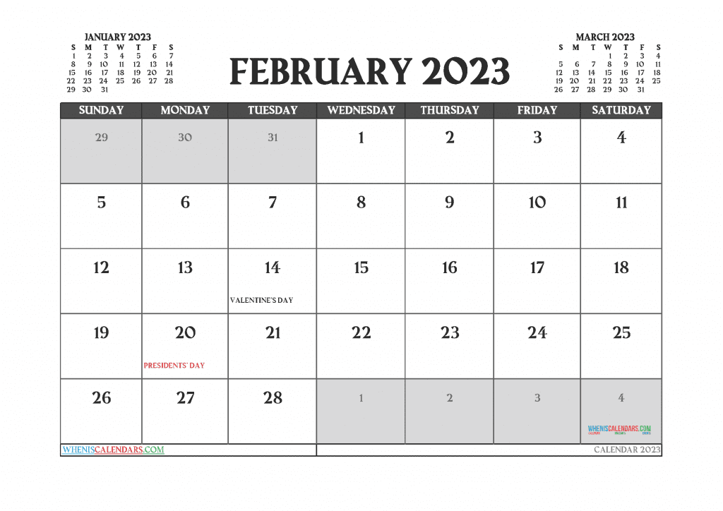 Free February 2023 Calendar Printable with Holidays PDF in Landscape and Portrait