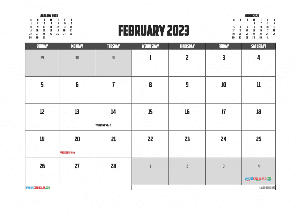 Download Free Printable February 2023 Calendar with Holidays PDF in Landscape and Portrait