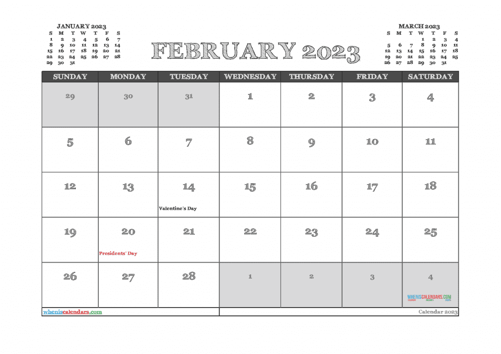Download Free Printable Calendar February 2023 with Holidays PDF in Landscape and Portrait Page Orientation