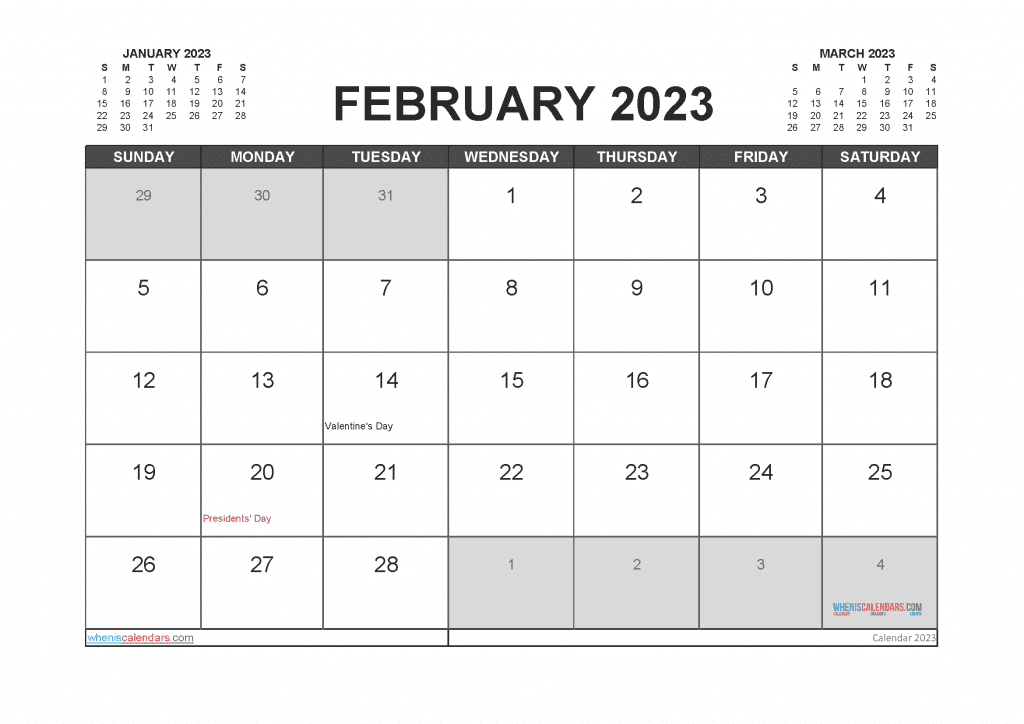 Download Free Printable February 2023 Calendar with Holidays PDF in Landscape and Portrait Page Orientation